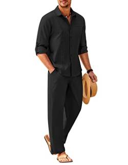 COOFANDY Herren-Leinen-Set, 2-teilig, langärmelig, Knopfleiste, kubanisches Hemd und Hose, Set für Sommer, Strand, Outfit, Schwarz, Large von COOFANDY