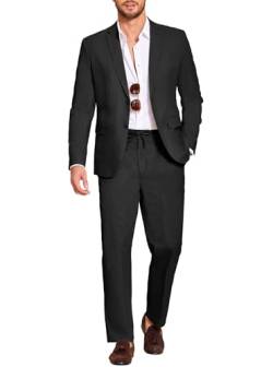 COOFANDY Herren 2-teiliges Leinenanzug-Set Regular Fit Casual Leichte Blazer Jacke und Hose, Schwarz, 3XL von COOFANDY