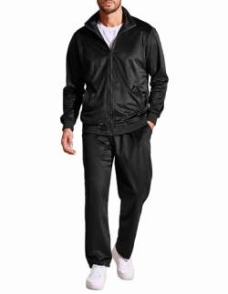 COOFANDY Herren 2-teiliges Samt-Set mit Reißverschlussjacke, elastische Hose, lässiger Velours-Trainingsanzug, schwarz, X-Large von COOFANDY