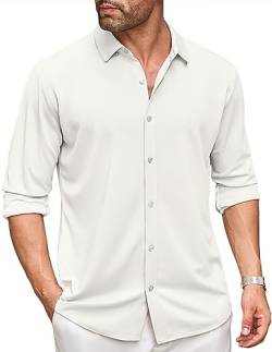 COOFANDY Herren Freizeithemd Langarm Bügelfrei Button Down Hemd Herren Elastisch Slim fit Langarmhemd Bügelfrei Hemden Weiß 3XL von COOFANDY