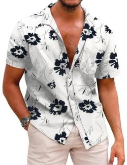 COOFANDY Herren Hawaiihemd Kurzarmhemd Sommer Hemd Freizeit Blumen Shirt Urlaub Strand Hemd Faltenfrei Button Down Hemden Regular Fit Blumen-Weiß-Schwarz M von COOFANDY