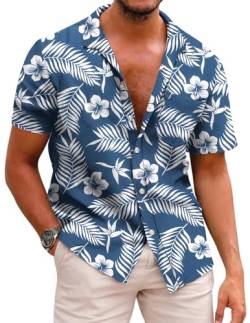 COOFANDY Herren Hemd Kurzarm Hawaii Hemd Baumwolle Sommer Strand Hemd Regular Fit Freizeithemden Urlaub Shirt Button Down Kurzarm Hawaii Shirt C-Marineblau 4XL von COOFANDY