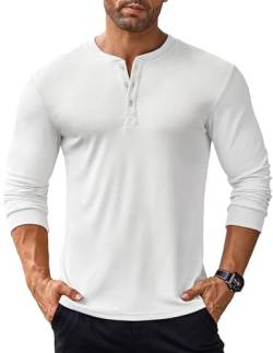 COOFANDY Herren Henley Shirt Langarmshirt Longsleeve Shirt mit Knopfleiste Henley T Shirt Langarm Shirt Gerippt Henley Pullover Slim Fit Weiß L von COOFANDY