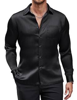 COOFANDY Herren Luxus Satin Kleid Hemd Glänzende Seide Langarm Button Up Shirts Hochzeit Hemd Party Abschlussball, Schwarz, L von COOFANDY