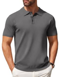 COOFANDY Herren Strick-Poloshirt, lässig, kurzärmelig, Knopfleiste, klassisches Golf-Shirt, grau dunkel, XX-Large von COOFANDY