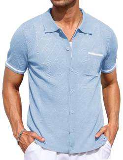 COOFANDY Herren Strickhemd mit Knopfleiste, kurzärmelig, Vintage-Polo-Shirts, lässig, Sommer, Strand-Shirt, Pat2_Clear Blue, XX-Large von COOFANDY