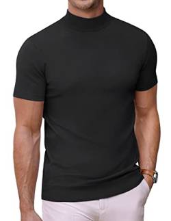 COOFANDY Herren T-Shirt Kurzarm Shirt Strickpullover Stehkragen Unterhemd Halb Kragen Einfarbig Männer T-Shirts Pullover Schwarz S von COOFANDY