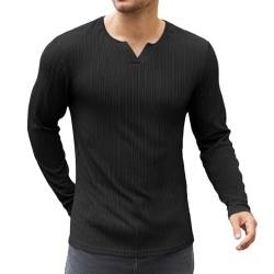 COOFANDY Herren T-Shirt mit Rundausschnitt Langarm Wellenstreifen Langarmshirt Männer Textured Shirt Basic Sportshirt Schwarz L von COOFANDY