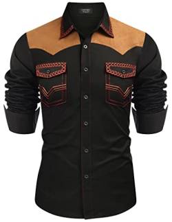 COOFANDY Herren Western-Cowboy-Hemd, Bestickt, langärmelig, schmale Passform, lässig, Baumwolle, Button-Down-Hippie-Shirt, mit Taschen, Schwarz, XX-Large von COOFANDY