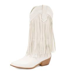 COOLCEPT Damen Franse Western Stiefel Pointed Toe Wadenhoch Cowboy Stiefel Chunky Heel Tall Cowgirl Stiefel Schlupf White Große 34 von COOLCEPT