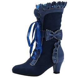 COOLCEPT Damen Vintage Viktorianische Stiefel Schnüren Bogen Mitte Blockabsatz Steampunk Stiefel Blue Große 40 von COOLCEPT