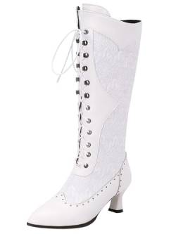 COOLCEPT Damen Vintage Viktorianische Stiefel Schnüren Kniehoch Stiefel Almond Toe White Große 47 von COOLCEPT