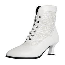 COOLCEPT Damen Vintage Viktorianische Stiefel Schnüren Knöchel Stiefel Almond Toe White Große 44 von COOLCEPT
