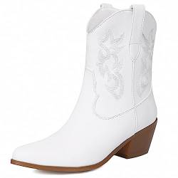 COOLCEPT Damen Western Cowboy Stiefel Embroidered Metallic Stiefel Chunky Heel Ankle Cowgirl Stiefel Pull on White Große 35 von COOLCEPT