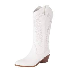 COOLCEPT Damen Wetsern Cowboy Stiefel Embroidered Halbschaft Stiefel Pull on Chunky Heel Cowgirl Stiefel White Große 36 von COOLCEPT