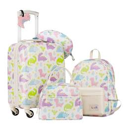 COOLIFE 5tlg Kinderkoffer mit Rucksack, Kindertrolley aus Kunststoff, Kindergepäck, Kinder Kofferset Handgepäck Reisegepäck Hartschalenkoffer für Jungen und Mädchen(Dinosaurier, Koffer-Set 5-TLG) von COOLIFE