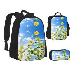 CPEOWZL Schöne Sonnenblumen-Druck-Schultasche + Federmäppchen + Lunch-Tasche Kombination Kinder Mädchen Lunchtasche Federmäppchen, Schwarz , Einheitsgröße von CPEOWZL