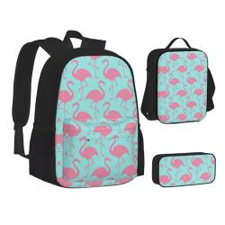 CPEOWZL Schultasche + Federmäppchen + Lunchtasche mit Flamingo-Druck, für Kinder, Mädchen, Federmäppchen, Rosa, Schwarz , Einheitsgröße von CPEOWZL