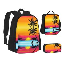 CPEOWZL Schultasche + Federmäppchen + Lunchtasche mit Sonnenuntergang und Palmenaufdruck, für Kinder, Mädchen, Federmäppchen, Schwarz , Einheitsgröße von CPEOWZL