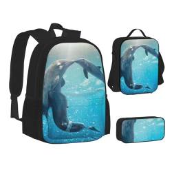 CPEOWZL Schultasche mit Wintermotiv und Delfin-Motiv, Federmäppchen und Lunch-Tasche, für Kinder, Mädchen, Lunch-Tasche, Federmäppchen, Schwarz , Einheitsgröße von CPEOWZL