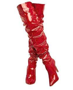 CRETUAO Overknee-Stiefel Damen mit hohem Absatz,sexy spitzer Zehenbereich Stretch-Stiletto-Stiefel mit hohem Absatz,modischer langer Stiefel mit Spiegel-Reißverschluss aus Lackleder,Rot,41 EU von CRETUAO
