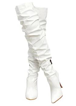 CRETUAO Overknee-Stiefel Damen mit hohem Absatz,sexy spitzer Zehenbereich Stretch-Stiletto-Stiefel mit hohem Absatz,modischer langer Stiefel mit Spiegel-Reißverschluss aus Lackleder,Weiß,37 EU von CRETUAO