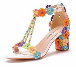 CRETUAO Women Heeled Sandalen, sexy Perlen gestickt mit 7 cm Quadrathilfe Sandalen Frauen Sommer Hochzeitsschuhe Kleidschuhe,Color,37.5 EU von CRETUAO