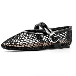 Damen-Mesh-Ballerinas-Sandalen,lässige Mary-Jane-Flats mit weicher runder Zehenschnalle,sexy atmungsaktive Schuhe mit flachem Ausschnitt,Schwarz,39 EU von CRETUAO