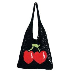 CRGANGZY Damen-Strick-Umhängetasche, Kirsche bedruckt, Reise-Einkaufshandtasche, große Kapazität, ästhetische Stricktasche, Damen-Tageshandtasche (schwarz) von CRGANGZY
