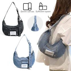 CRGANGZY Denim Crescent Bag Damen Dual Pockets Knödeltasche Reißverschluss Handtasche (Schwarz) von CRGANGZY