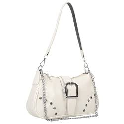 CRGANGZY Halbmond-Tasche, einfarbig, für Damen und Mädchen, hochwertige große Tasche, Damen-Achseltasche, modischer, cooler Stil mit Kettenverzierung (weiß) von CRGANGZY