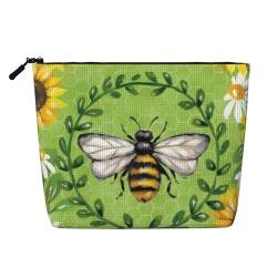 CRJSYCBYB Bee & Sunflowers bedruckte Make-up-Tasche aus künstlichem Hanf, Reise-Kulturbeutel, tragbare Kosmetiktasche, Schwarz , Einheitsgröße von CRJSYCBYB