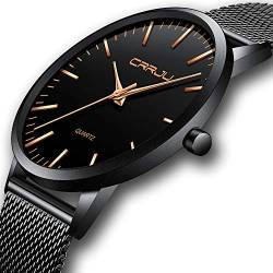 Herren Uhren Ultra Dünne Schwarze Minimalistische Quartz mit Milanese Mesh Edelstahl Und Goldener Zeiger von CRRJU