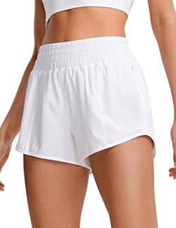 CRZ YOGA Damen High Waist Running Shorts Gym Sporthose Mesh Innenhose Schnelltrocknend Kurz Hose mit Zip Tasche - 6.4cm Weiss 36 von CRZ YOGA