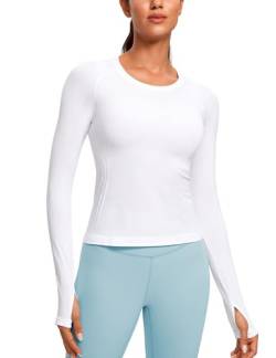 CRZ YOGA Damen Sport Langarmshirt Ribbed Daumenloch Langarm Tshirt Laufshirt Fitness Gym Oberteil Tops Weiss 38 von CRZ YOGA