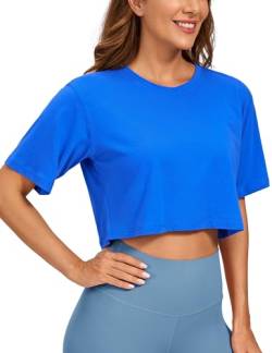 CRZ YOGA Damen Sport T-Shirt Kurzarm Sommer Fitness Crop Oberteile Crew Neck Leichte Yoga Top Atmungsaktiv Laufshirt Starkes Blau 38 von CRZ YOGA