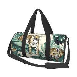 Reisetasche mit Leoparden- und Palmenblättern, für Wochenendausflüge, Sport, Turnbeutel für Damen und Herren, faltbar, runde Reisetasche für Reisen, Sport, Fitnessstudio, Schwarz, Einheitsgröße, von CSGJMYGS