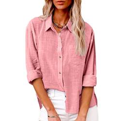 CSKJ Bluse Damen Sommer Baumwolle Leinenbluse Elegant Einfarbig Blusenshirt Revers Einreihiges Leinenhemd Große Größen Kurzarm V-Ausschnitt Longbluse Oversized Blusehemd Lose Oberteile mit Taschen von CSKJ