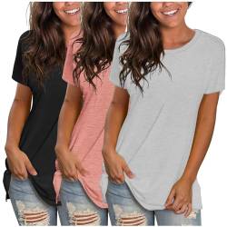 Tshirt Damen Sommer 3er Pack Basic Shirt Einfarbig Kurzarm Tshirt Set Casual Rundhals Tee Tops Große Größen T Shirt Lässig Oberteile Kleidung Elegant Bluse von CSKJ