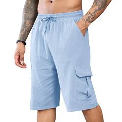 Herren-Leinen-Shorts, lässige Cargo-Shorts, elastische Taille, Kordelzug, Sommer-Strand-Shorts, M-3XL, blau, L von CTU