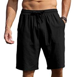 Herren Shorts Baumwolle Leinen Shorts Sommer Casual Jogger Shorts mit elastischen Taille Taschen M-3XL, Schwarz , XXL von CTU