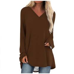 CUPOOD Damen Langarmshirt Elegant Einfarbig Bluse Damen Elegant Lange Ärmel Baumwolle Activewear-Langarmshirts für Damen V-Ausschnitt Longbluse Damen Lässig Für Leggings Oversize Yoga Braun XL von CUPOOD