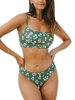 CUPSHE Damen-Badeanzug-Bikini-Set, wendbar, quadratischer Ausschnitt, mittelhohe Taille, Gänseblümchen, Blumenmuster, Grün/Blumen, XL von CUPSHE