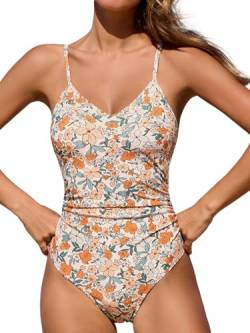 CUPSHE Damen Badeanzug V Ausschnitt Bauchweg Raffung Tiefer rücken Cutouts Einteilige Bademode Swimsuit Beige/Blumenmuster XL von CUPSHE