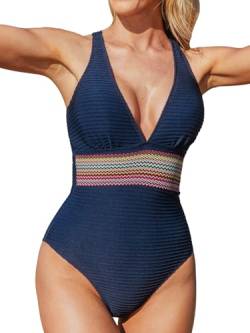 CUPSHE Damen Badeanzug V Ausschnitt Bunte Streifen O Ring Zierausschnitte Gerippte Textur Einteilige Bademode Swimsuit Navy blau L von CUPSHE