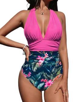 CUPSHE Damen Badeanzug V Ausschnitt Neckholder Bauchkontrolle Raffungen Tropical Print Figurformende Badeanzüge Große Größen Curvy Bademode Swimsuit Magenta/Blumen XXXL von CUPSHE