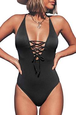 CUPSHE Damen Badeanzug mit tiefem Ausschnitt Lace Up Gerippte Einteilige Bademode Swimsuit Schwarz S von CUPSHE