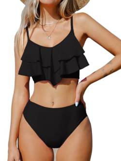 CUPSHE Damen Bikini Set V Ausschnitt High Waist Tank Bikini Bademode Tiered Rüschen Zweiteiliger Badeanzug Swimsuit Schwarz S von CUPSHE