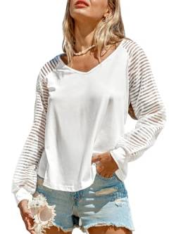 CUPSHE Damen Blusen V Ausschnitt Streifen Netzärmel Langarmshirt Oberteile Tshirt Tunika Bluse Tops Weiß M von CUPSHE