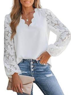 CUPSHE Damen Blusen V Ausschnitt Wellenkante Spitzenärmel Langarmshirt Lässige Spitzen Oberteile Tunika Bluse Tops Weiß S von CUPSHE